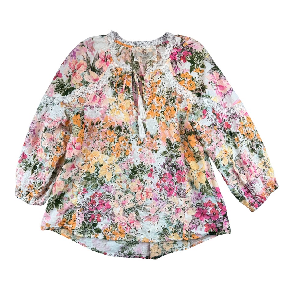 Cupio Womens Floral Eyelet Lace Trim Blouse Multi-colored Tassel Top Large